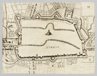 214023 Plattegrond van de stad Utrecht met directe omgeving; met weergave van de verdedigingswerken en gestileerde ...